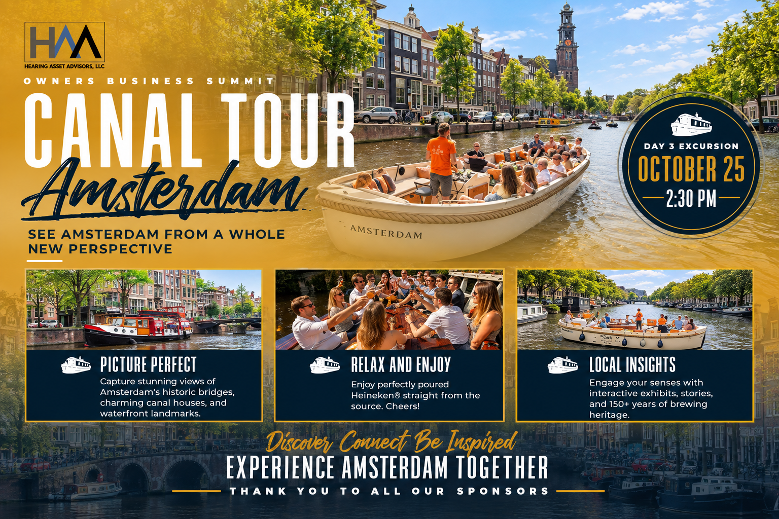 Boats floating down a river next to tall buildings in Amsterdam